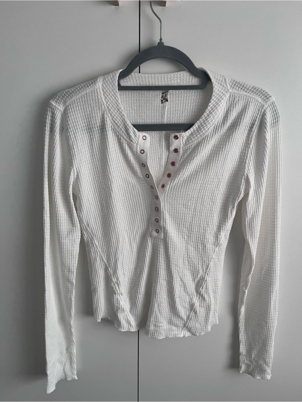 Free People White Waffle Henley Long Sleeve Top